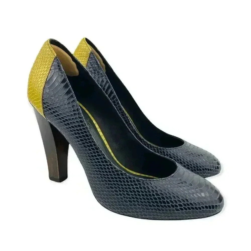 Wooden‎ Heels Pumps Blue Yellow Snake Style 10 7 For All Mankind Women's Leather